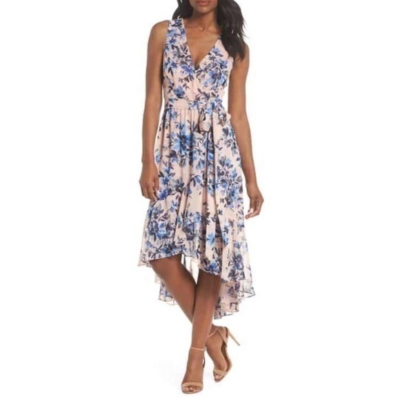 Eliza J Floral Faux Wrap Pink Blue Midi High Low Dress Feminine Size 4 - Picture 1 of 7